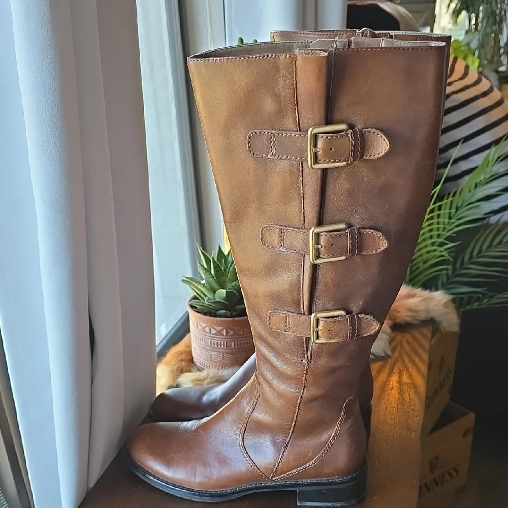 Ecco Brown Knee High Leather Moto Boots with Buckles 37